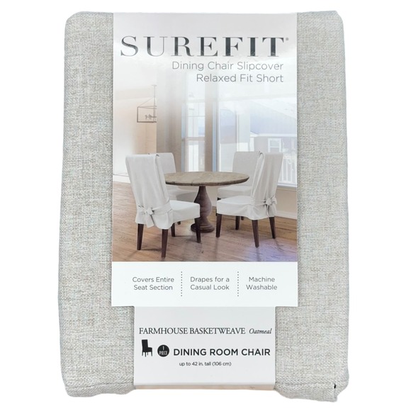 Surefit Farmhouse Basketweave Oatmeal Dining Chair Slipcover Relaxed Fit Short - Picture 1 of 3